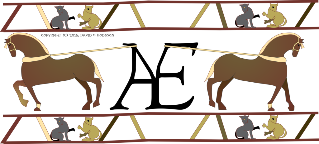 Two horses pulliing apart the Æsc linguistic ligature, in the style of the Bayeux Tapestry